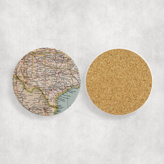 Texas Map Coasters | Set of 4 Vintage Texas Drink Coasters | Travel-Inspired Home Decor