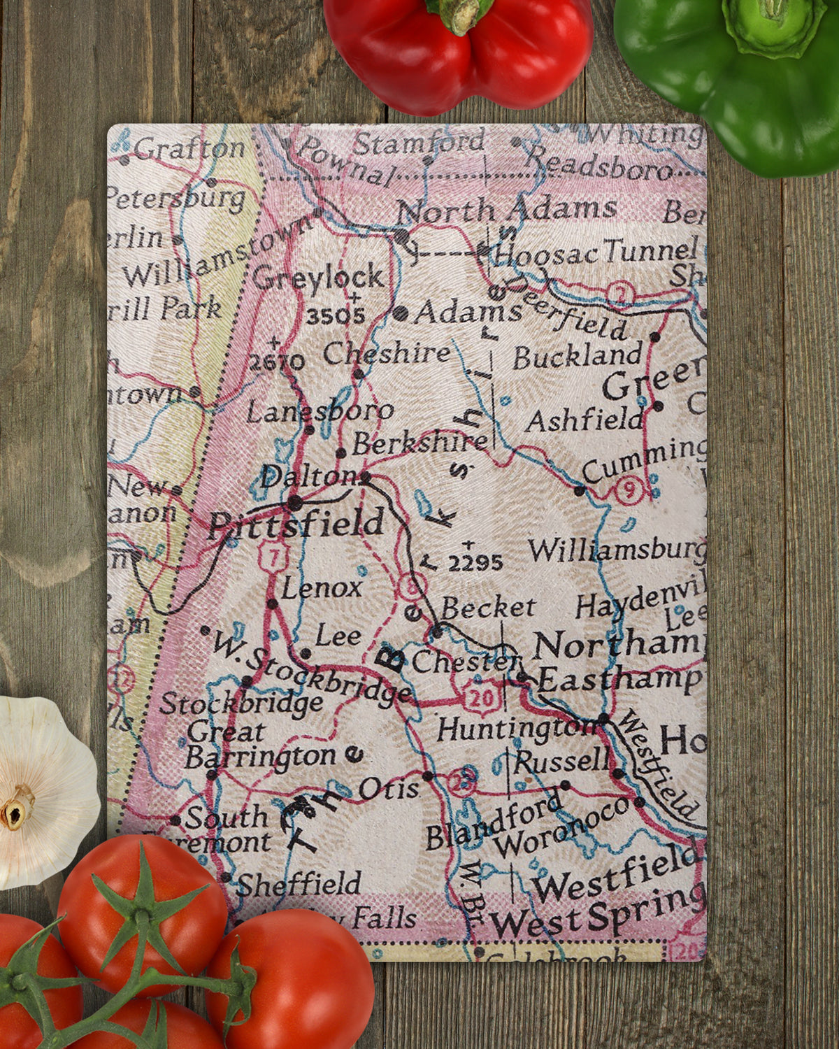 The Berkshires Massachusetts Vintage Map Glass Cutting Board | Travel Gift