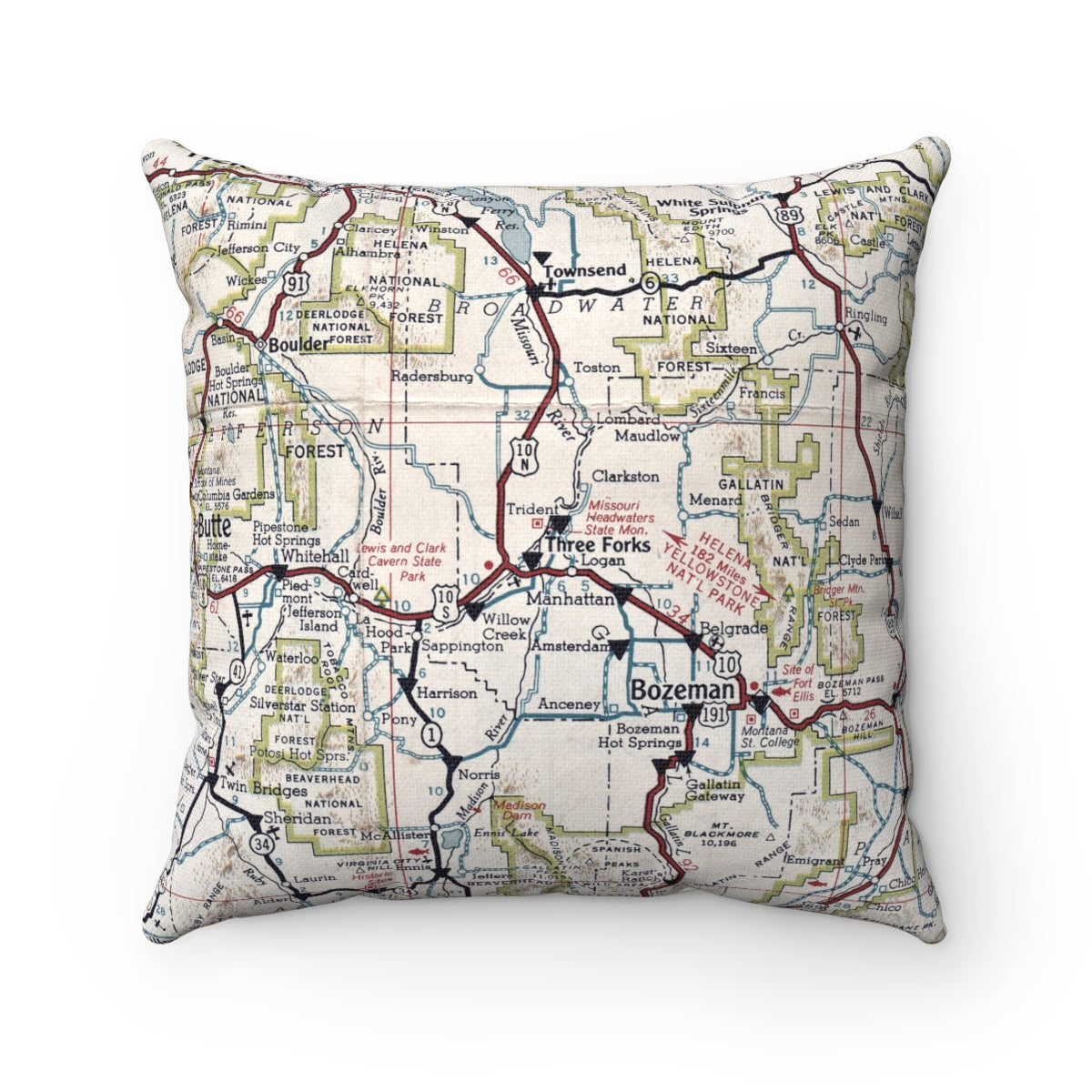 Three Forks Montana vintage map pillow