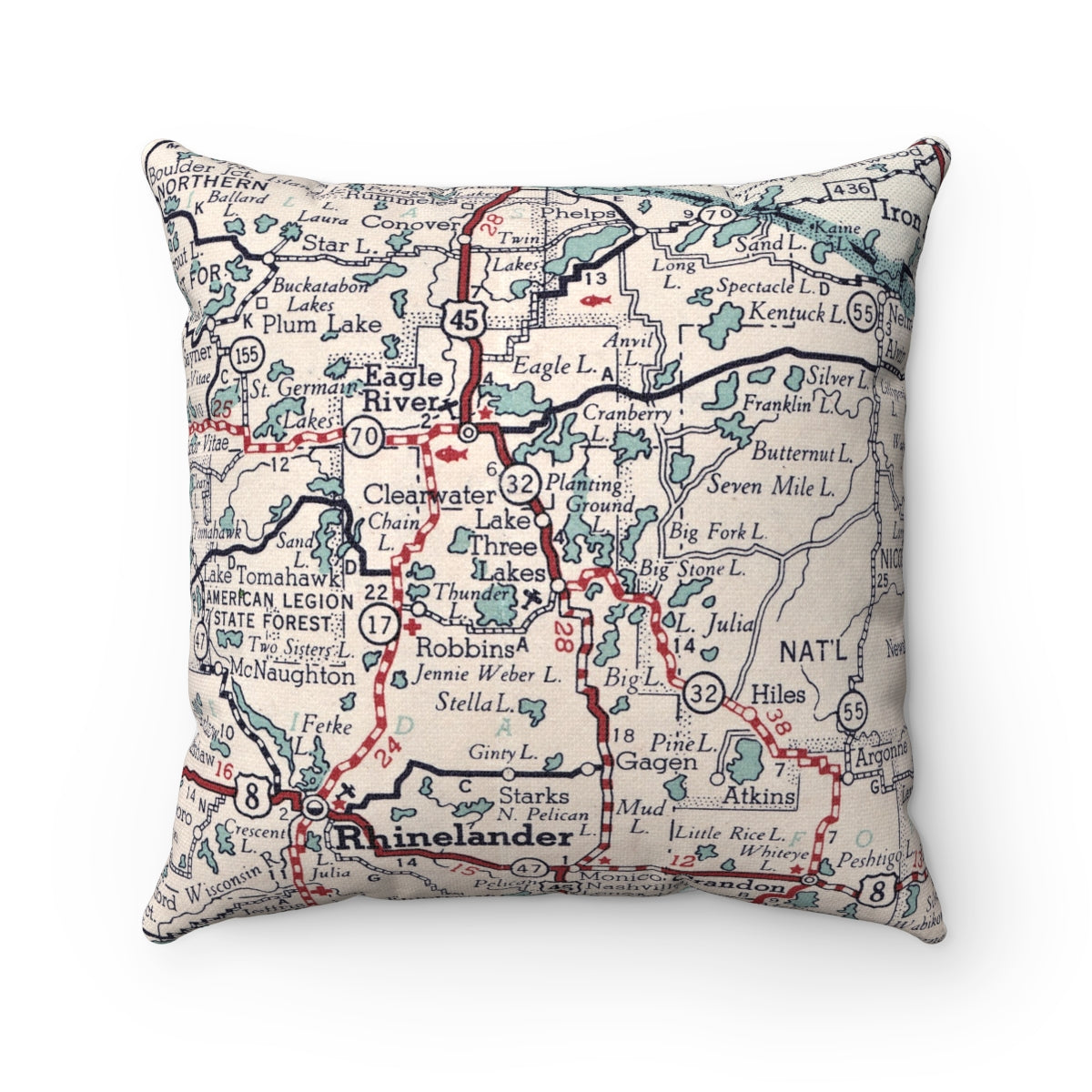 Three Lakes Wisconsin vintage map pillow