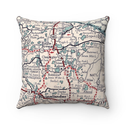 Three Lakes Wisconsin vintage map pillow
