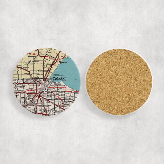 Toledo Ohio Map Coasters | Set of 4 Vintage Toledo Ohio Drink Coasters | Travel-Inspired Home Decor