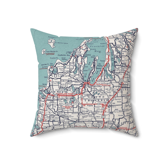 Traverse City Michigan Map Pillow  Vintage-Inspired Square Accent Pillow | Northern Michigan Decor