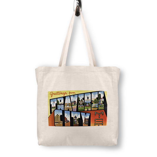 Traverse City Michigan Postcard Tote Bag | Vintage Travel Tote