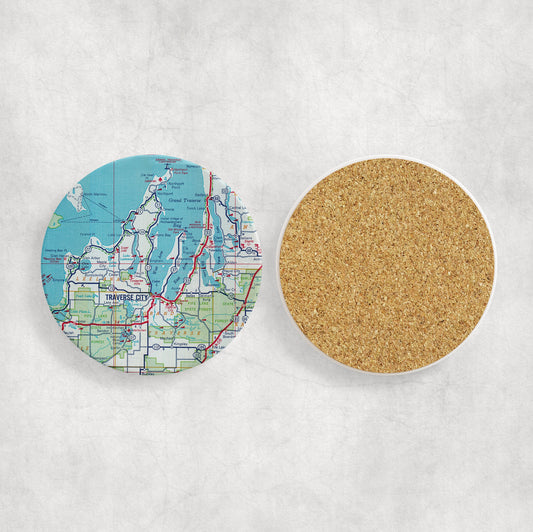 Traverse City Map Coaster Set of 4 | Vintage Michigan Map Drink Coaster | Northern Michigan Lake House Decor