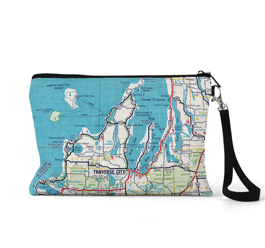 Traverse City Michigan map wristlet travel pouch