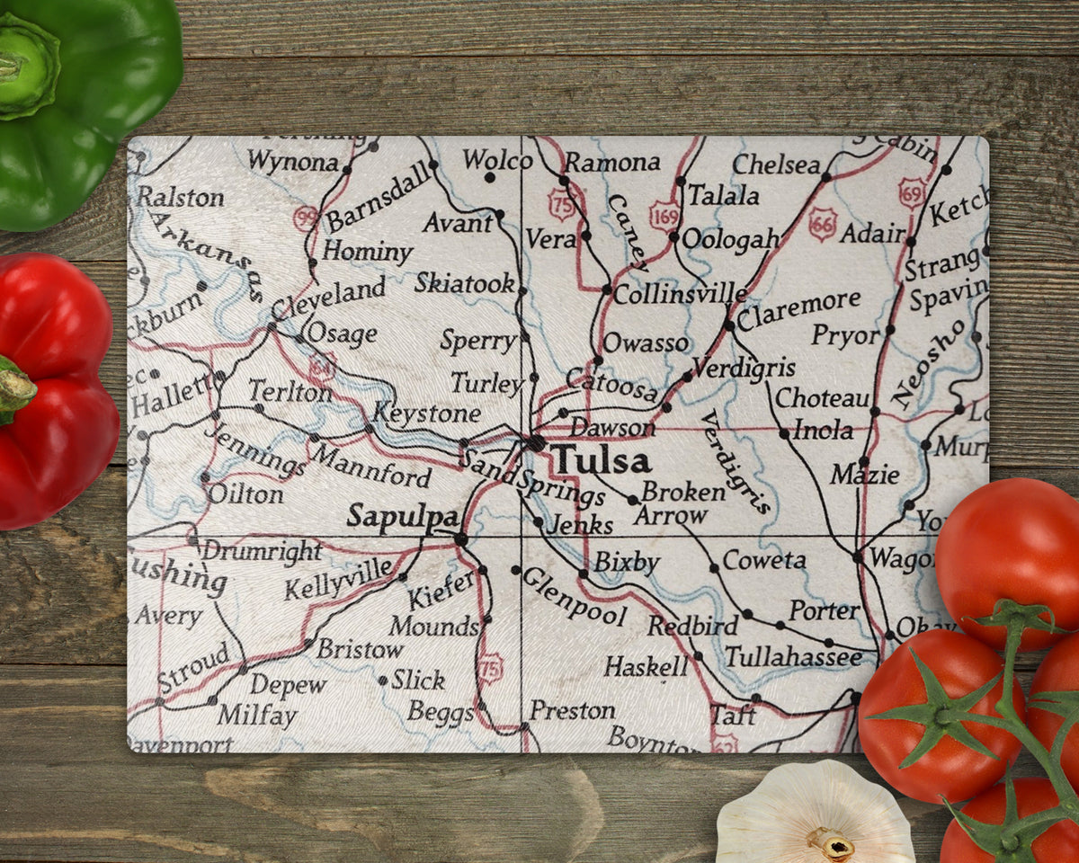 Tulsa Oklahoma Vintage Map Glass Cutting Board Charcuterie