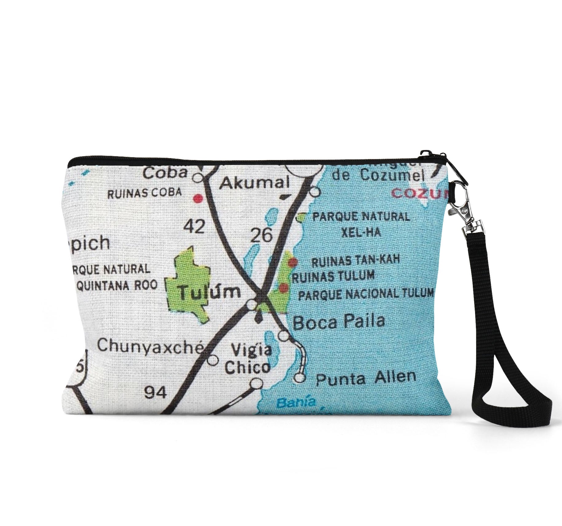 Tulum Mexico map wristlet travel pouch