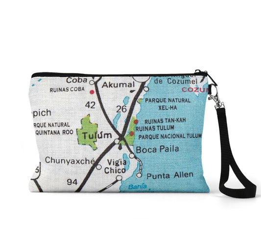 Tulum Mexico map wristlet travel pouch
