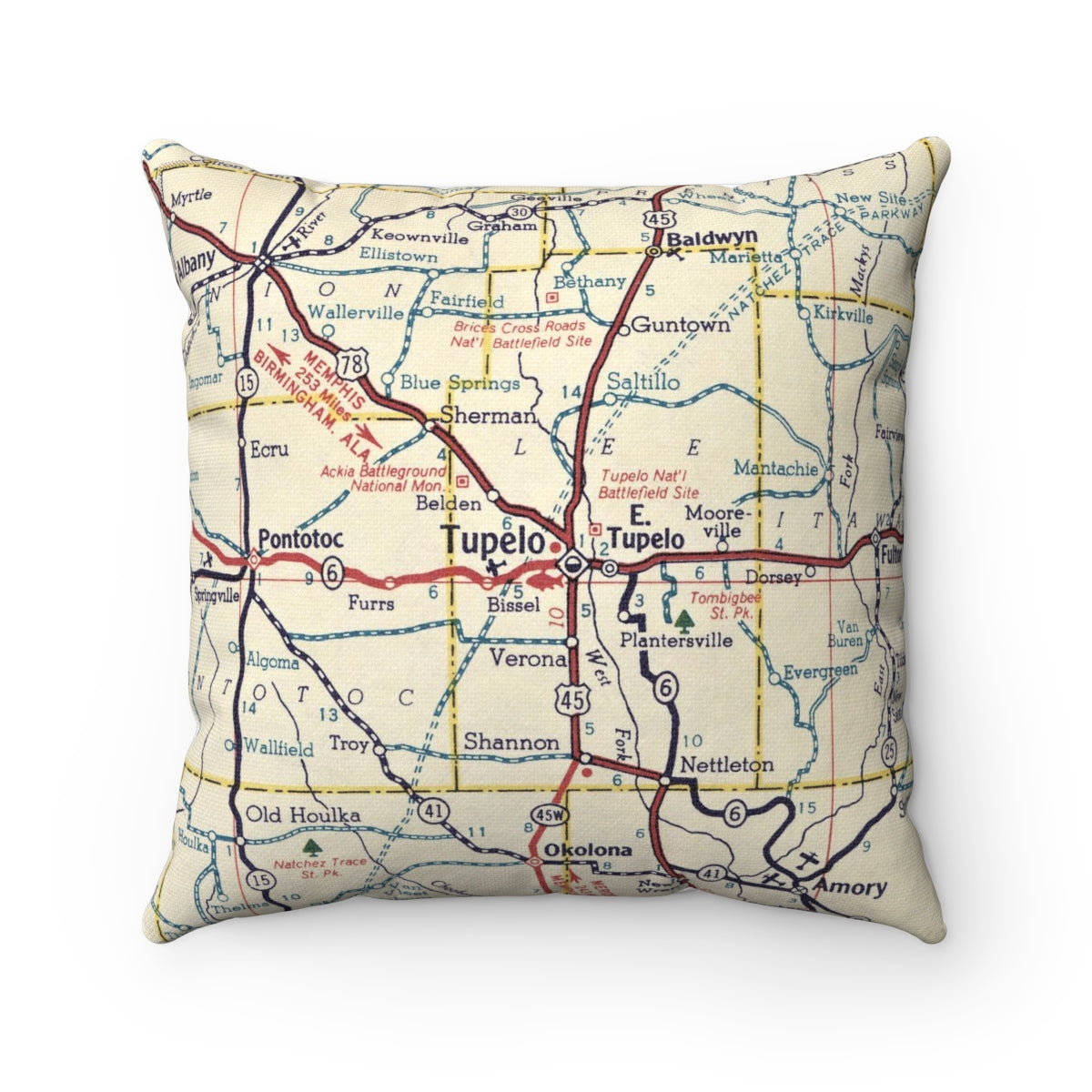 Tupelo Mississippi vintage map pillow