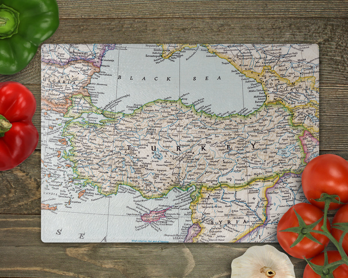 Turkey Vintage Map Glass Cutting Board | Travel Gift