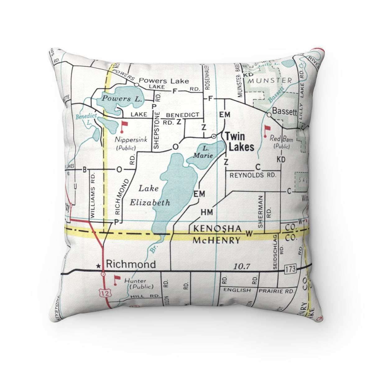 Twin Lakes Wisconsin vintage map pillow