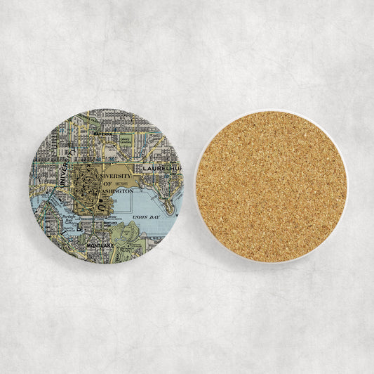 University of Washington Map Coasters | Set of 4 Vintage University of Washington Drink Coasters | Travel-Inspired Home Decor