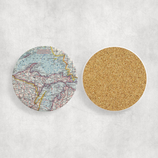 Upper Peninsula Michigan Map Coasters | Set of 4 Vintage Upper Peninsula Michigan Drink Coasters | Travel-Inspired Home Decor