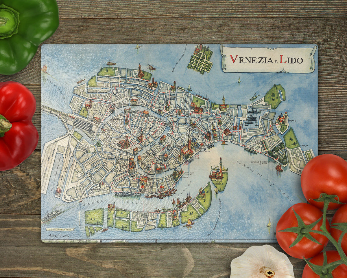 Venice Italy Vintage Map Glass Cutting Board Charcuterie