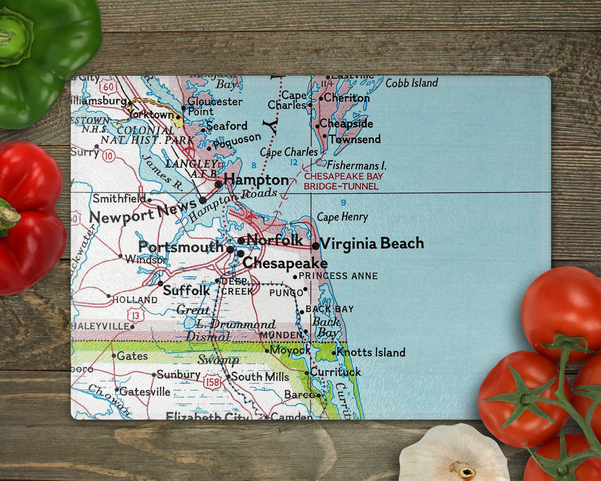 Virginia Beach Virginia Vintage Map Glass Cutting Board | Beach House Gift