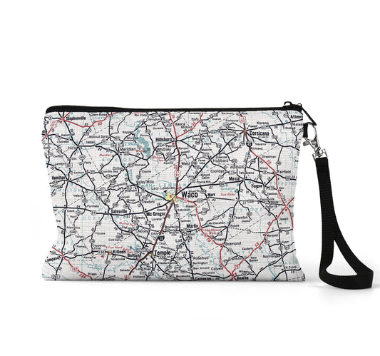 Waco Texas map wristlet travel pouch