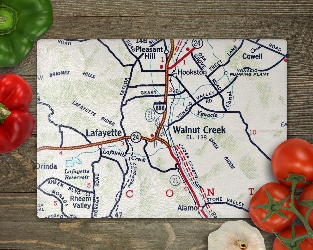 Walnut Creek California Vintage Map Glass Cutting Board