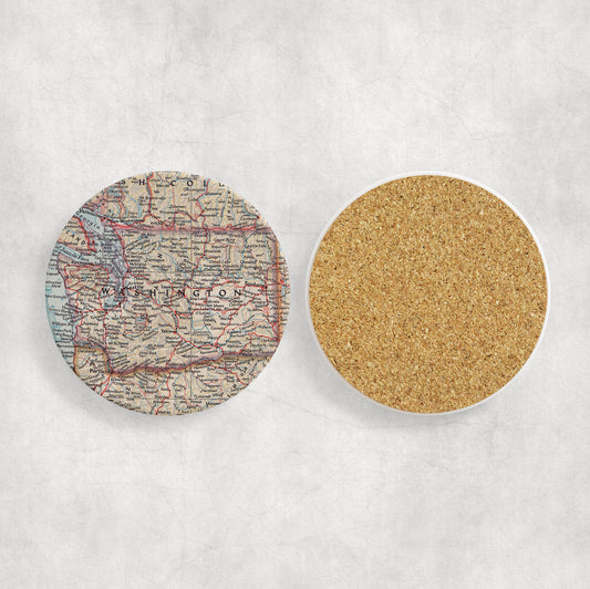 Washington Map Coasters | Set of 4 Vintage Washington Drink Coasters | Travel-Inspired Home Decor
