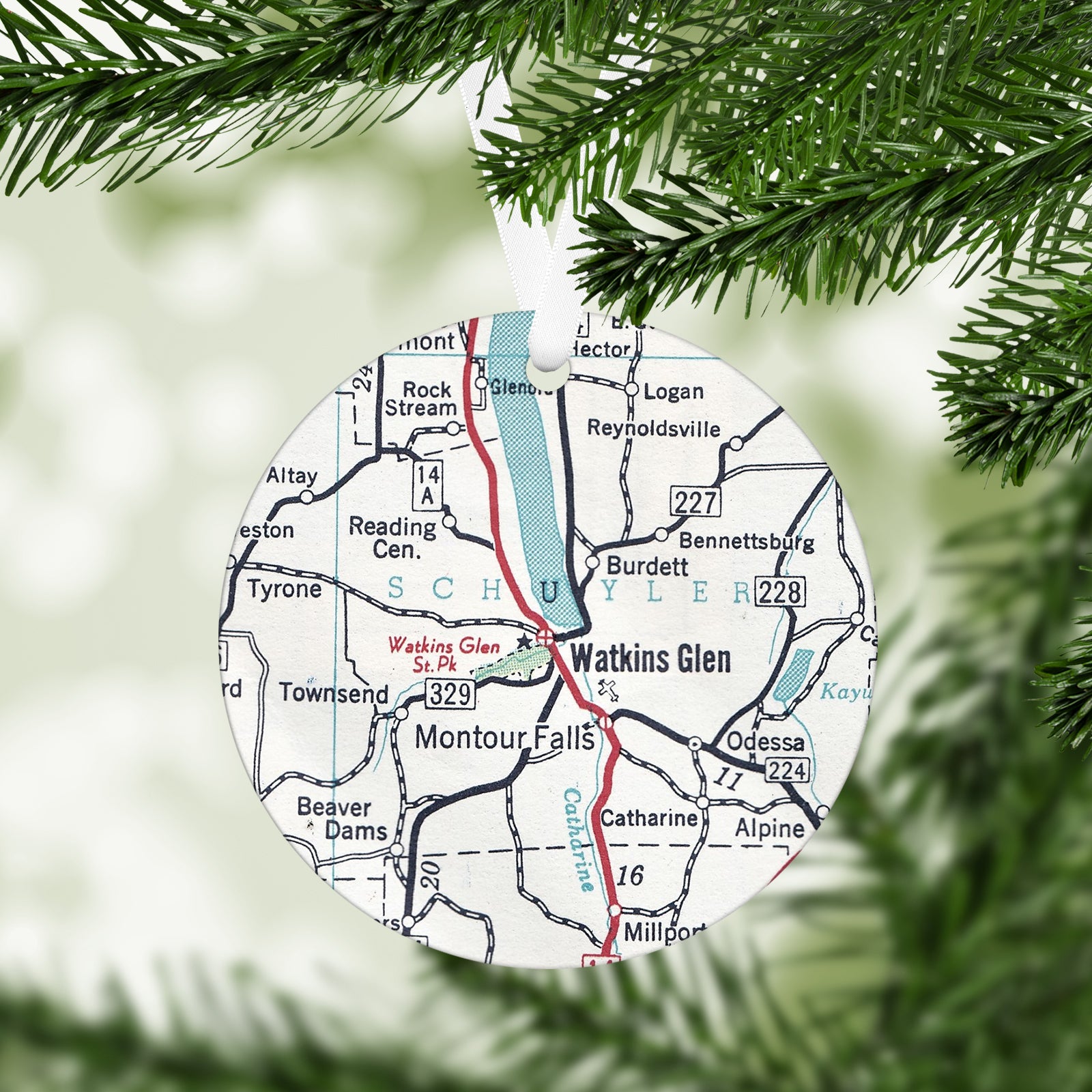 Watkins Glen New York Vintage Map Ornament