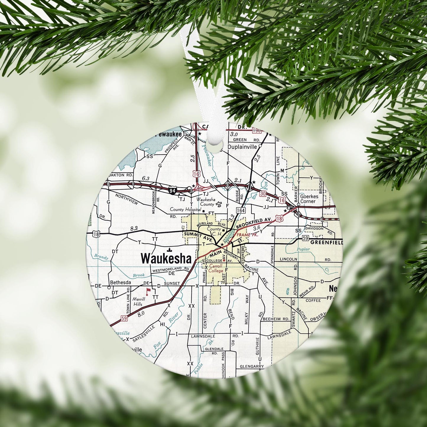 Waukesha Wisconsin Vintage Map Ornament