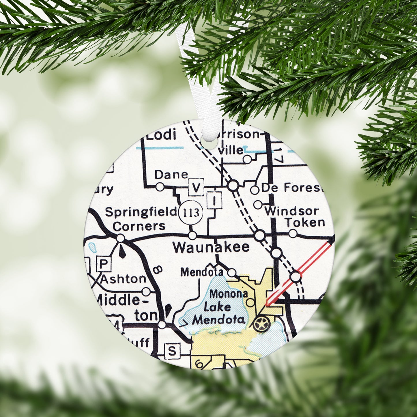 Waunakee Wisconsin Vintage Map Ornament