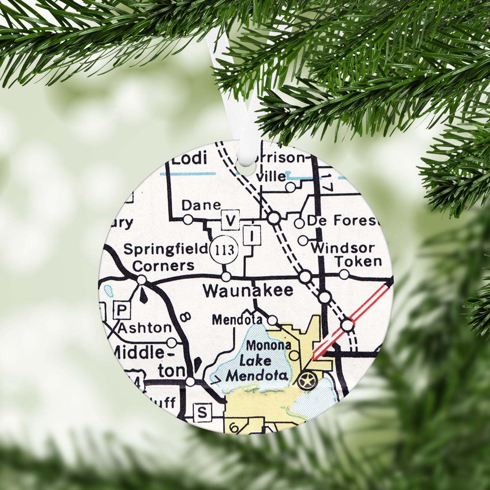 Waunakee Wisconsin Vintage Map Ornament