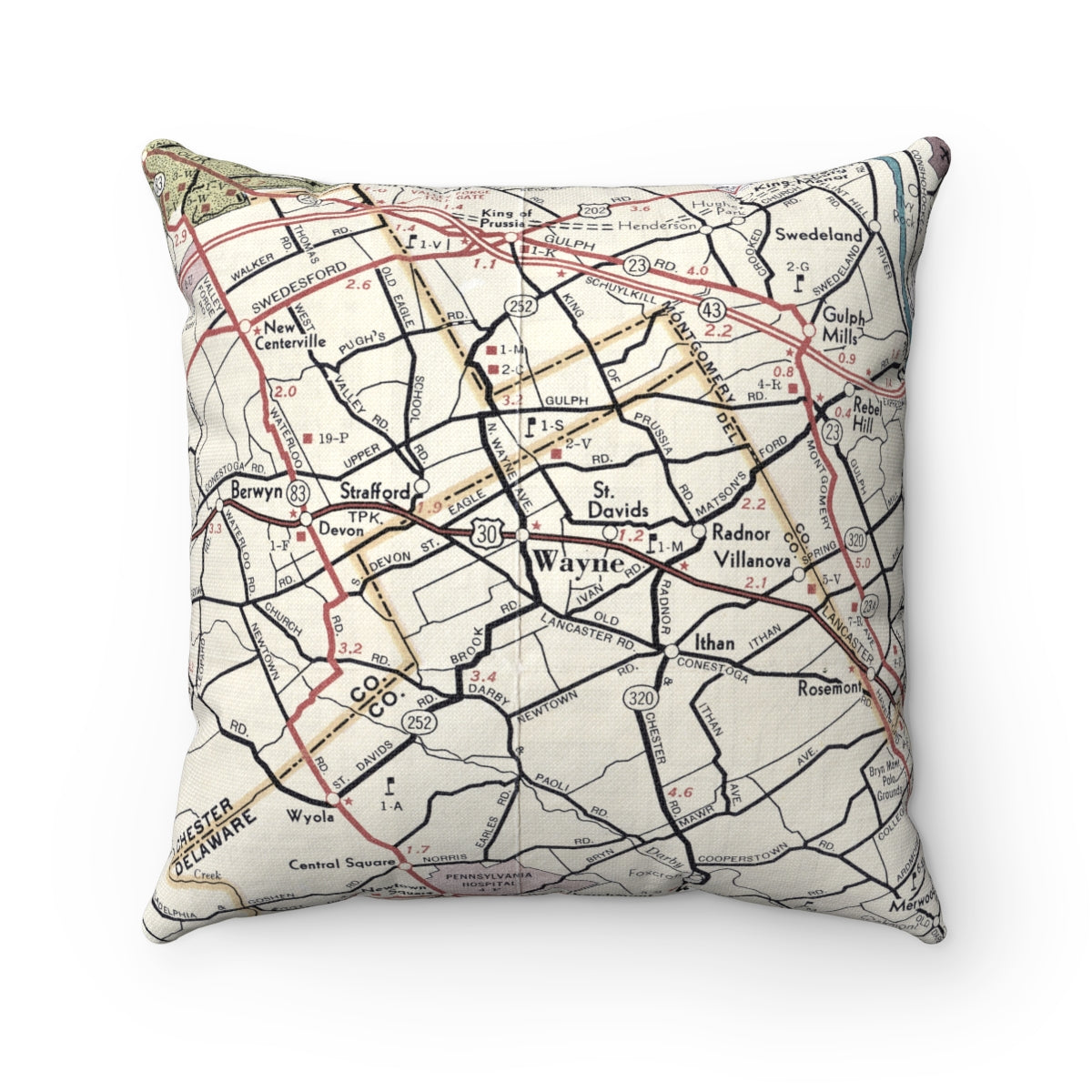 Wayne Pennsylvania vintage map pillow