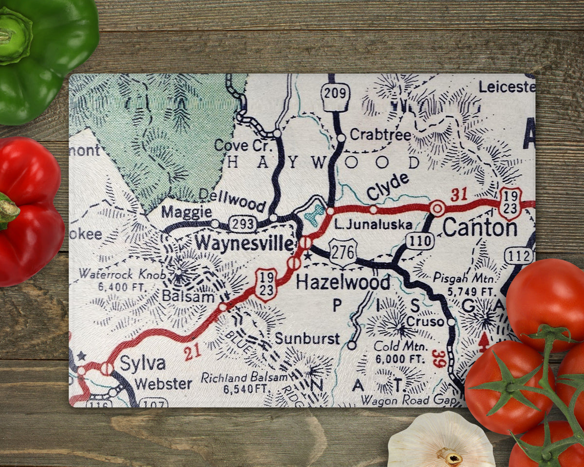 Waynesville North Carolina Vintage Map Glass Cutting Board