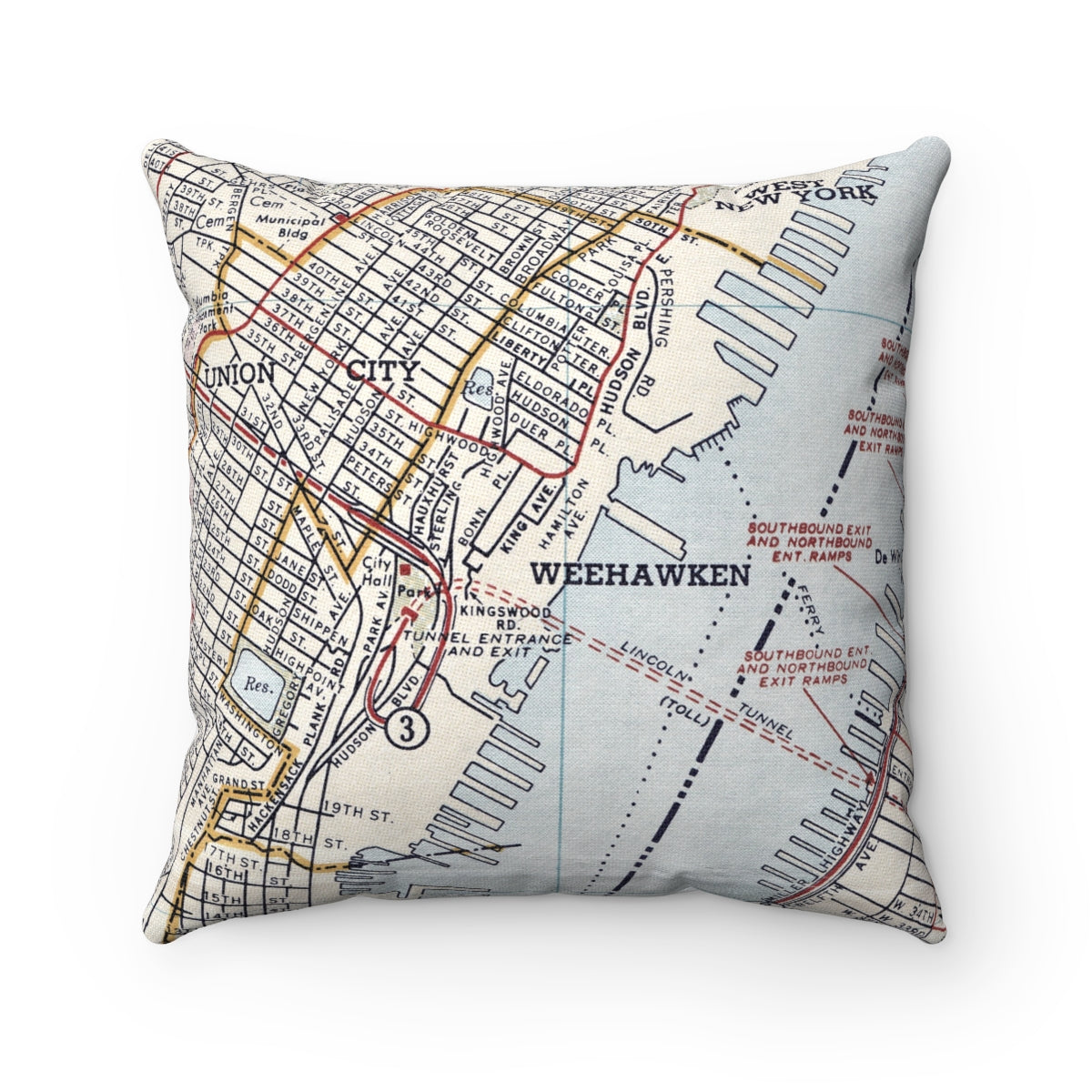 Weehawken New Jersey vintage map pillow