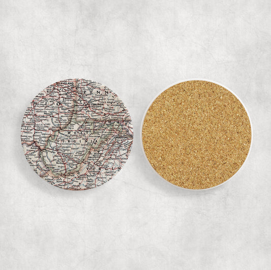 West Virginia vintage map ceramic coaster with cork backing