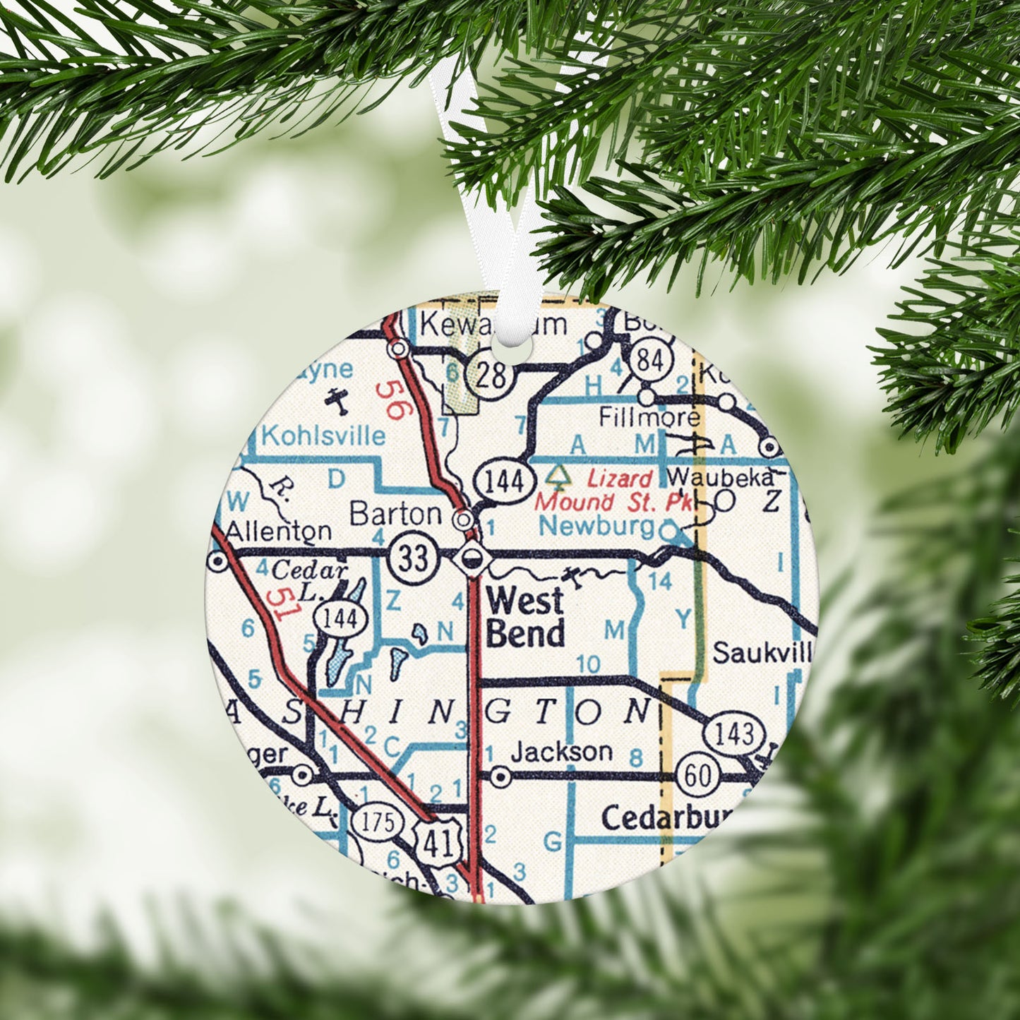 West Bend Wisconsin Vintage Map Ornament