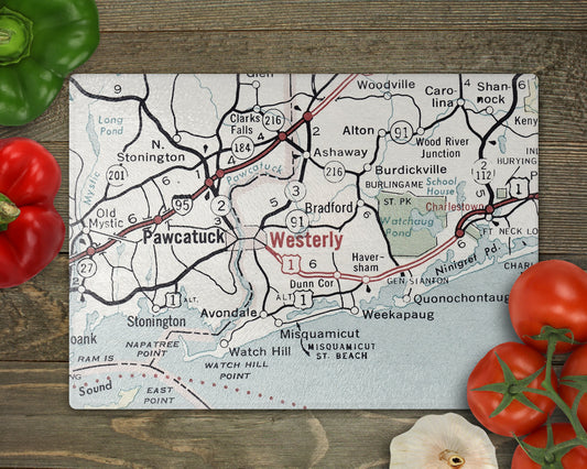 Westerly Rhode Island vintage map glass cutting board