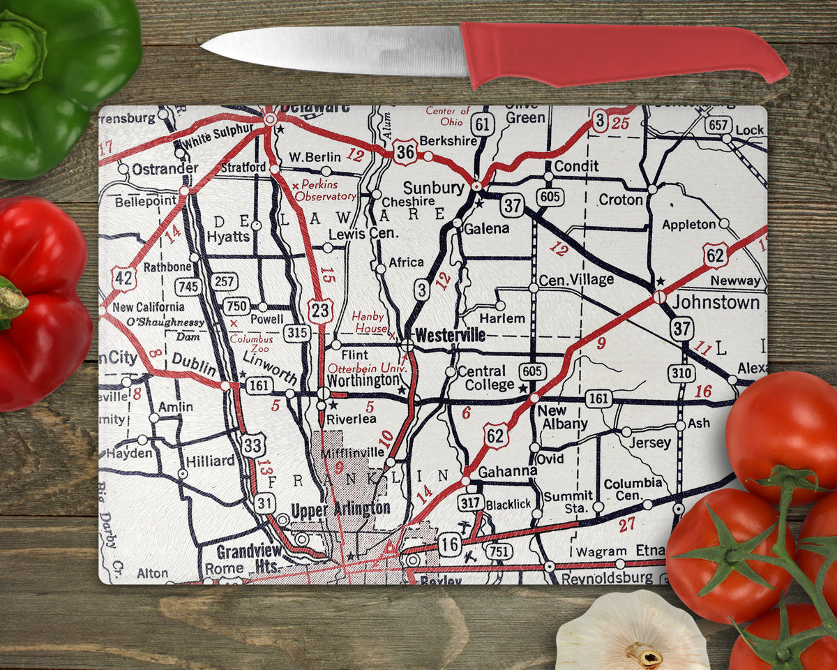 Westerville Ohio Vintage Map Glass Cutting Board