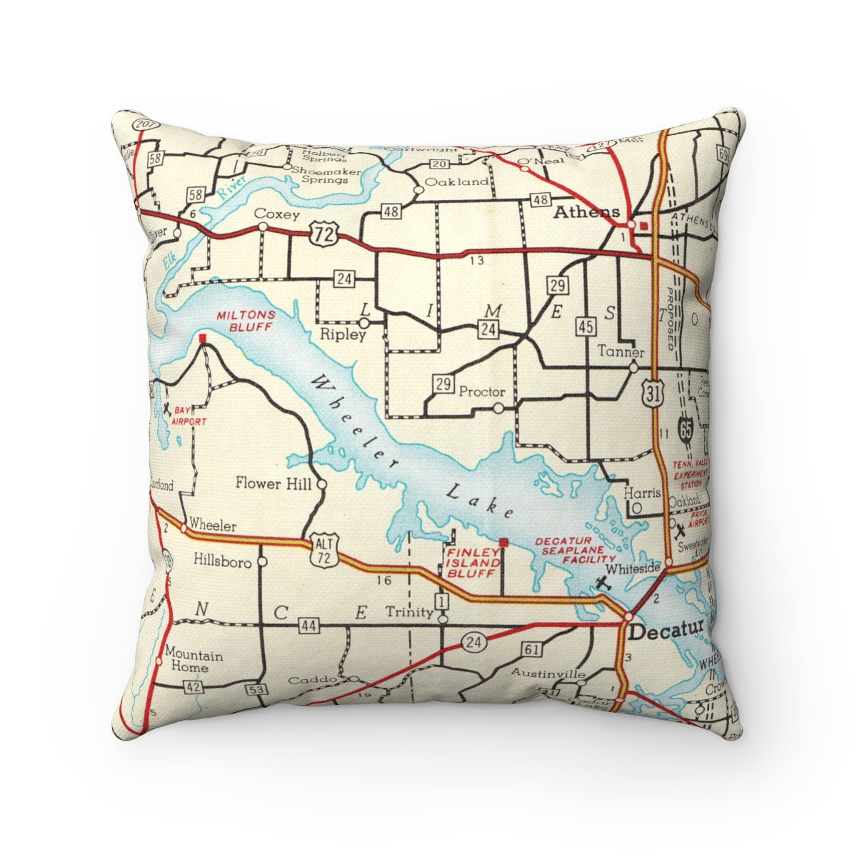 Wheeler Lake Alabama vintage map pillow
