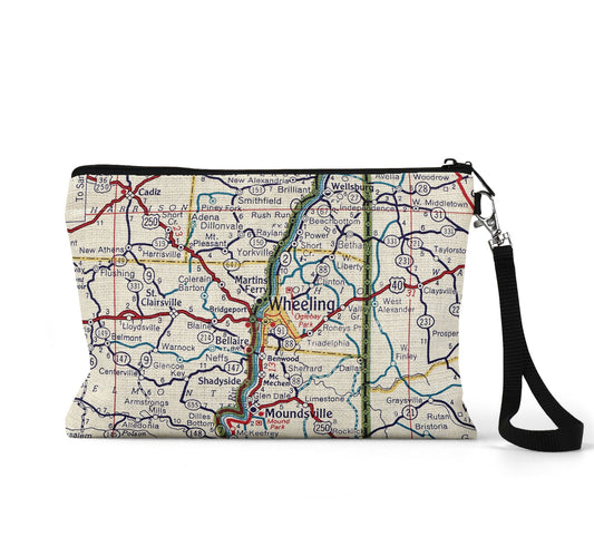 Wheeling West Virginia map wristlet travel pouch