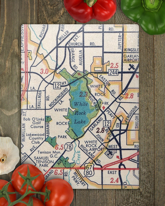 White Rock Lake Dallas Texas Vintage Map Glass Cutting Board
