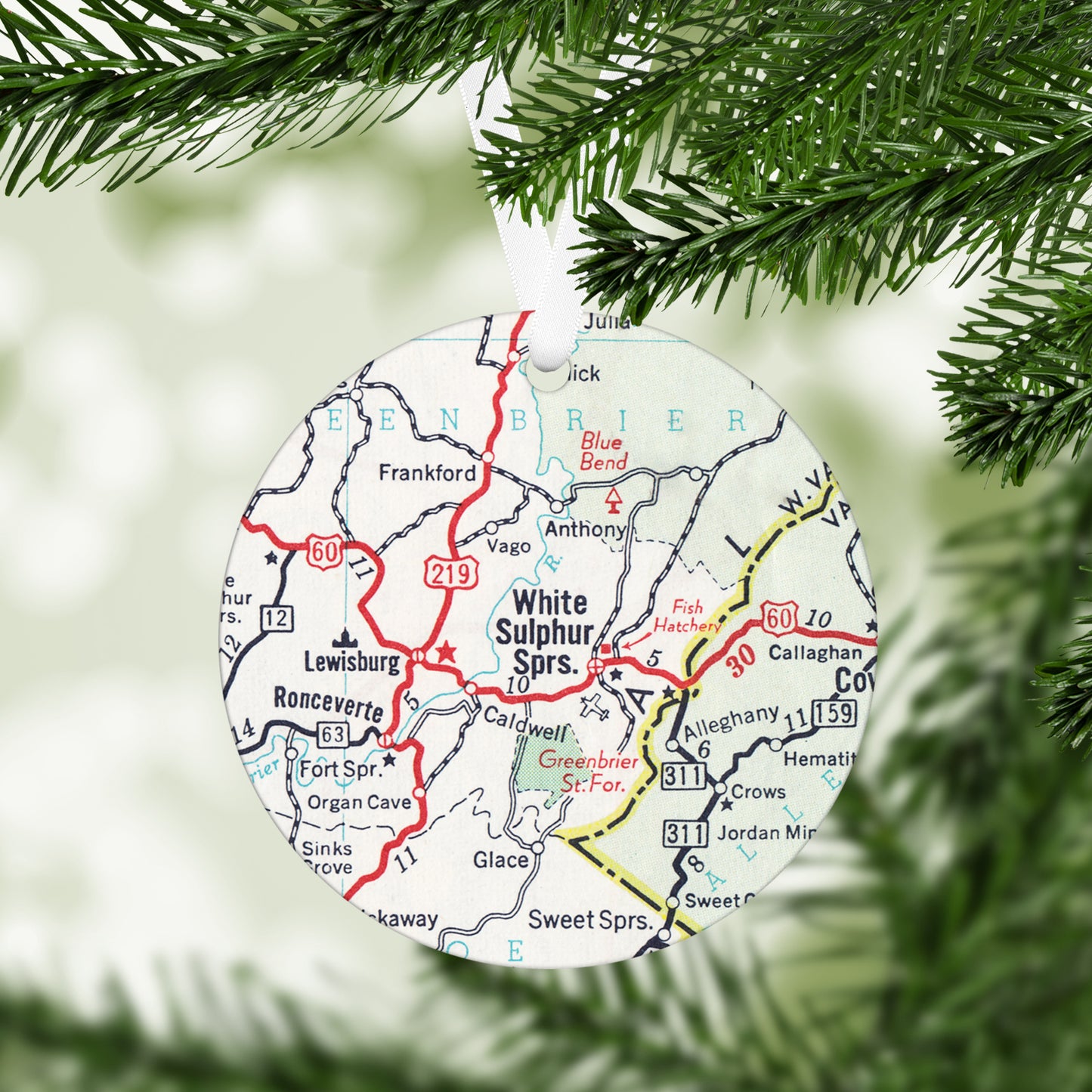 White Sulphur Springs West Virginia Vintage Map Ornament