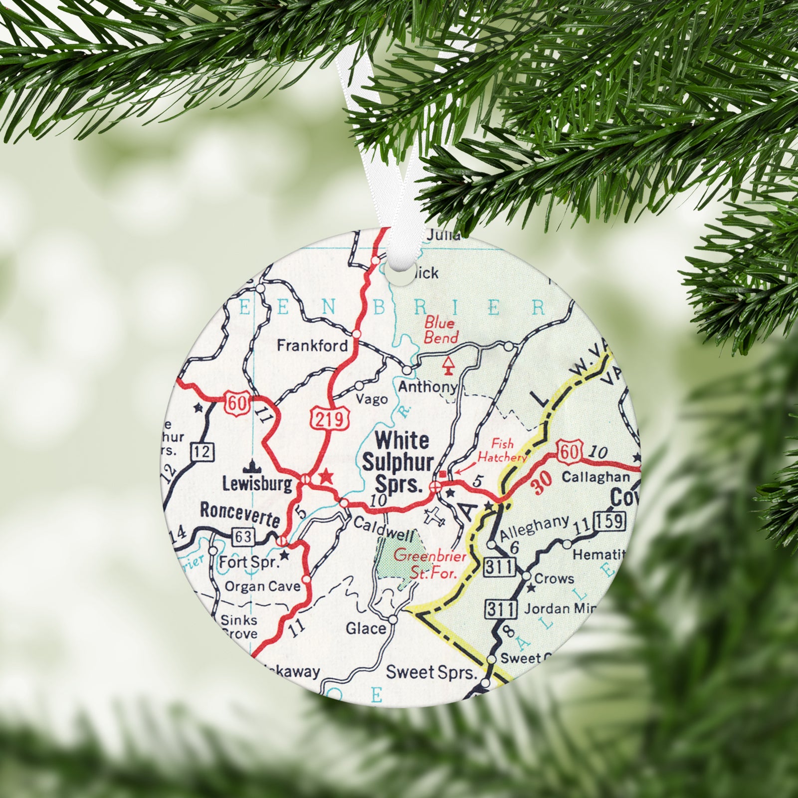 White Sulphur Springs West Virginia Vintage Map Ornament