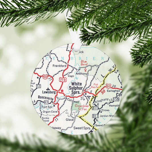 White Sulphur Springs West Virginia Vintage Map Ornament