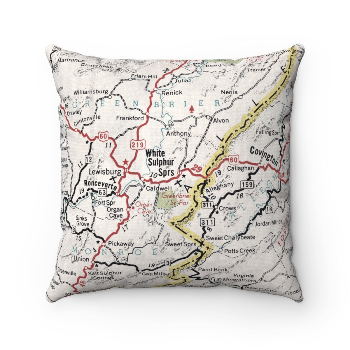 White Sulphur Springs West Virginia vintage map pillow