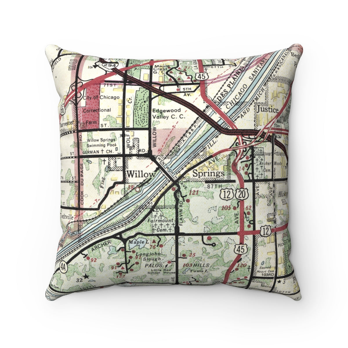 Willow Springs Illinois vintage map pillow