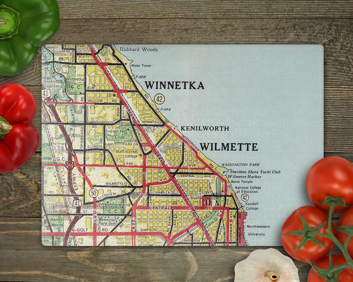 Winnetka Kenilworth Wilmette Illinois vintage map glass cutting board