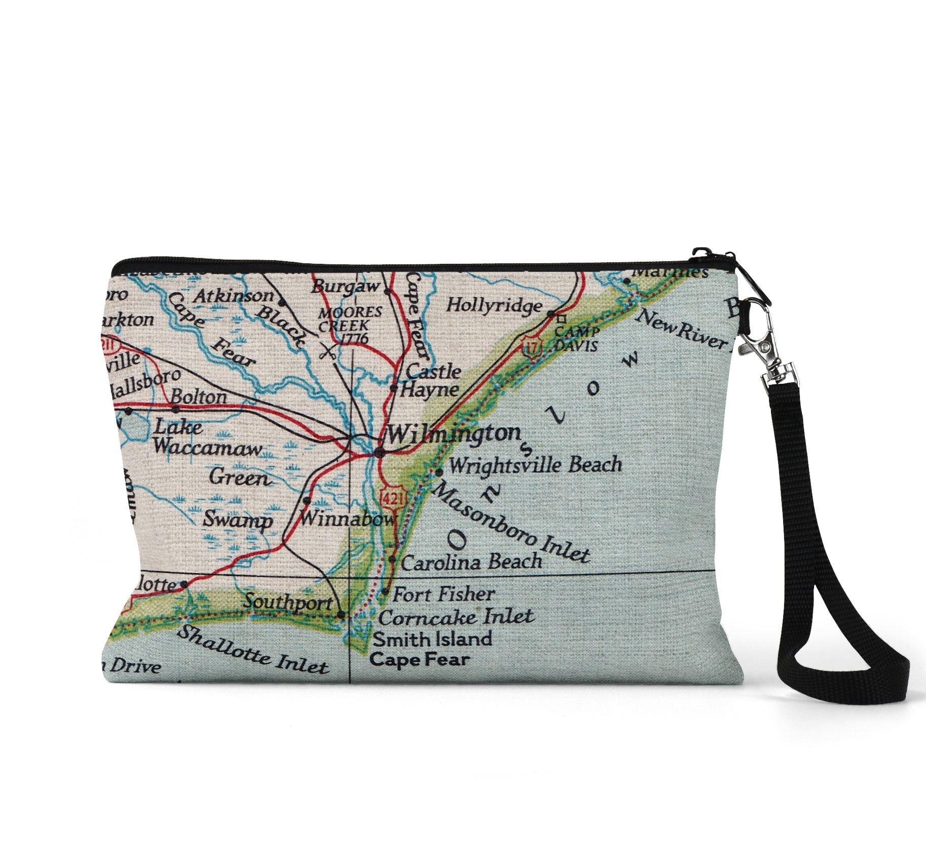 Wilmington North Carolina map wristlet travel pouch