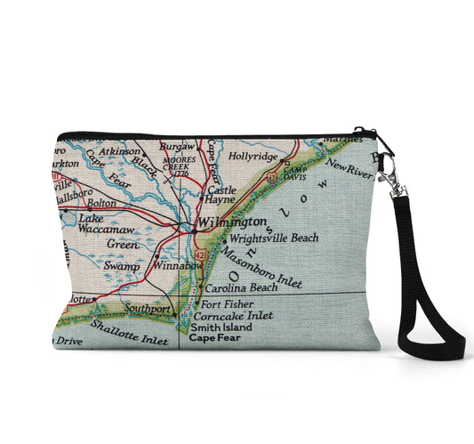 Wilmington North Carolina map wristlet travel pouch