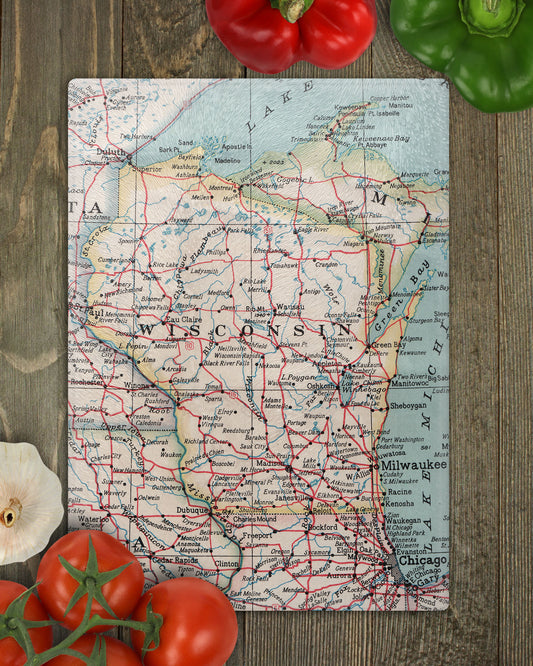 Wisconsin Vintage Map Glass Cutting Board