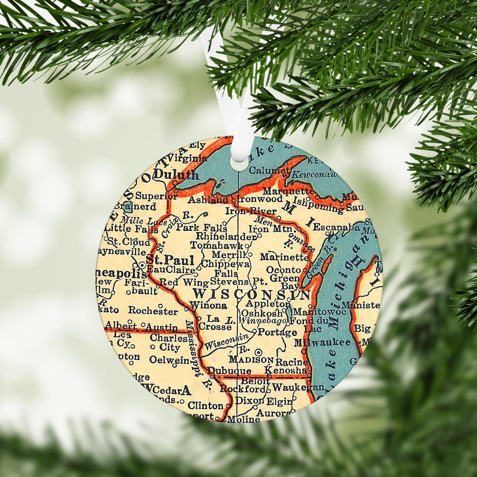 Wisconsin Vintage Map Ornament