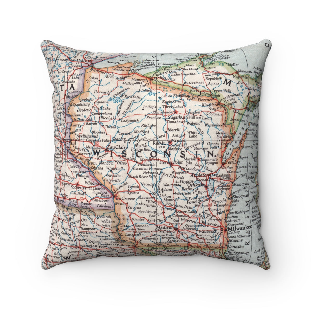 Wisconsin vintage map pillow