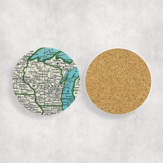 Wisconsin Map Coasters | Set of 4 Vintage Wisconsin Drink Coasters | Travel-Inspired Home Decor