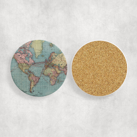 World Map Map Coasters | Set of 4 Vintage World Map Drink Coasters | Travel-Inspired Home Decor